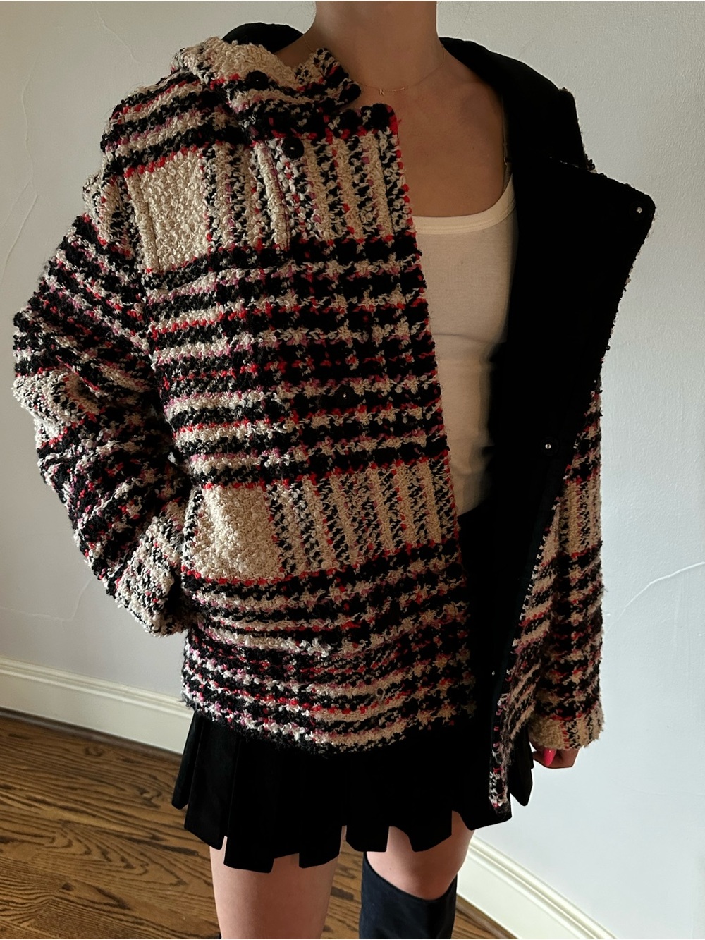 MARNI Plaid Bouclé Hooded Tweed Jacket Coat Wool Blend Multi Size 42🌸